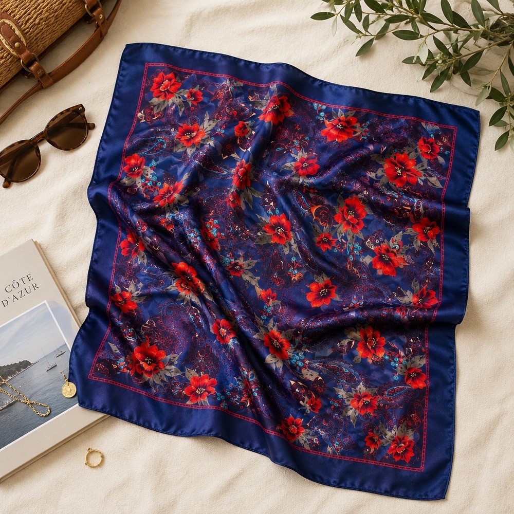 The Specialty House Silk Scarf Blue Excellent Vintage Floral Paisley Japan 30x30